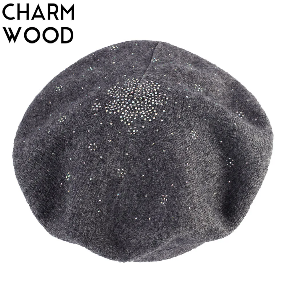 

Women's Cashmere Berets Autumn New Wool Knitted Beret for Female Floral Rhinestone French Artist Beret Warm Soft Fur Hat Bonnet