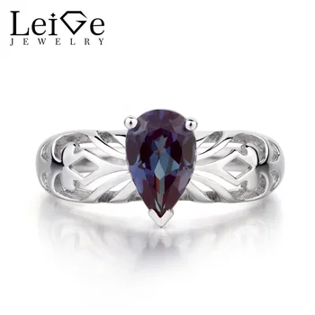 

Leige Jewelry Solitaire Ring Lab Alexandrite Ring Pear Cut Wedding Rings 925 Sterling Silver Gemstone June Birthstone for Women