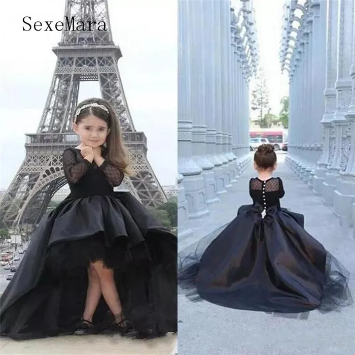 

New Black High Low Kids Pageant Dresses Long Sleeves Sheer Neck and Illusion Back with Bow Satin Flower Girl Dress For Wedding