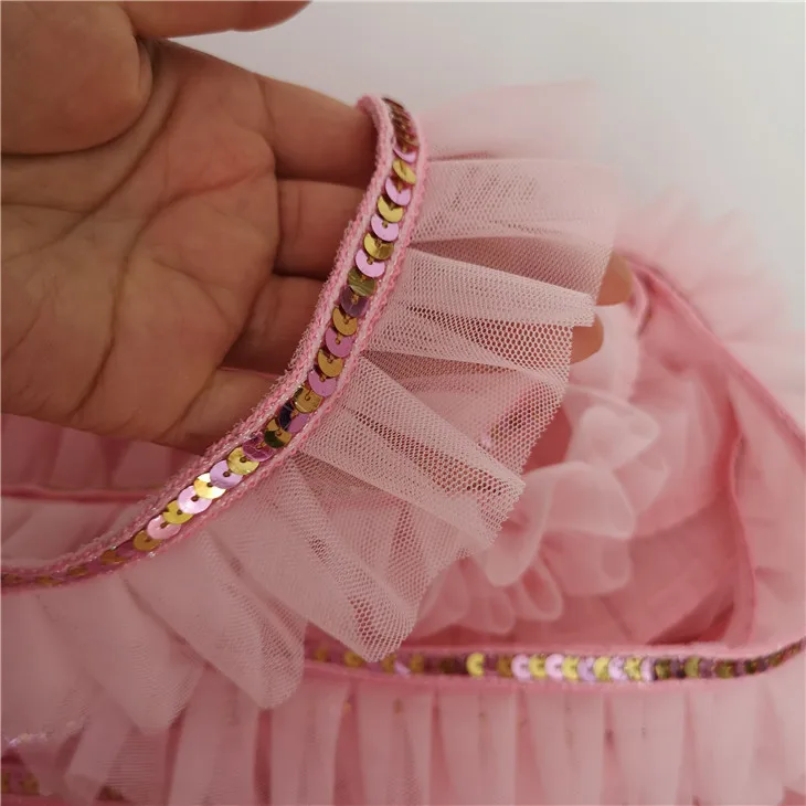 5 см широкая Роскошная розовая 3D плиссированная кружевная Блестящая лента с блестками гофрированная отделка воротника платье для выпускного вечера Одежда DIY Аппликация из гипюра