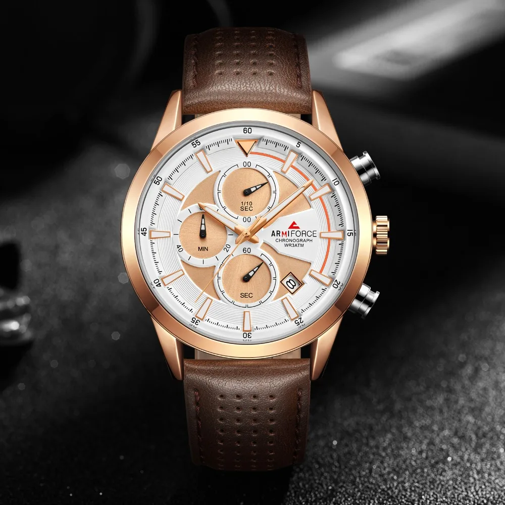 

ARMIFORCE Luminous Military Men Watch Leather Quartz Man Watches Business Chronograph Auto Date Wristwatches Montre Homme AF8008