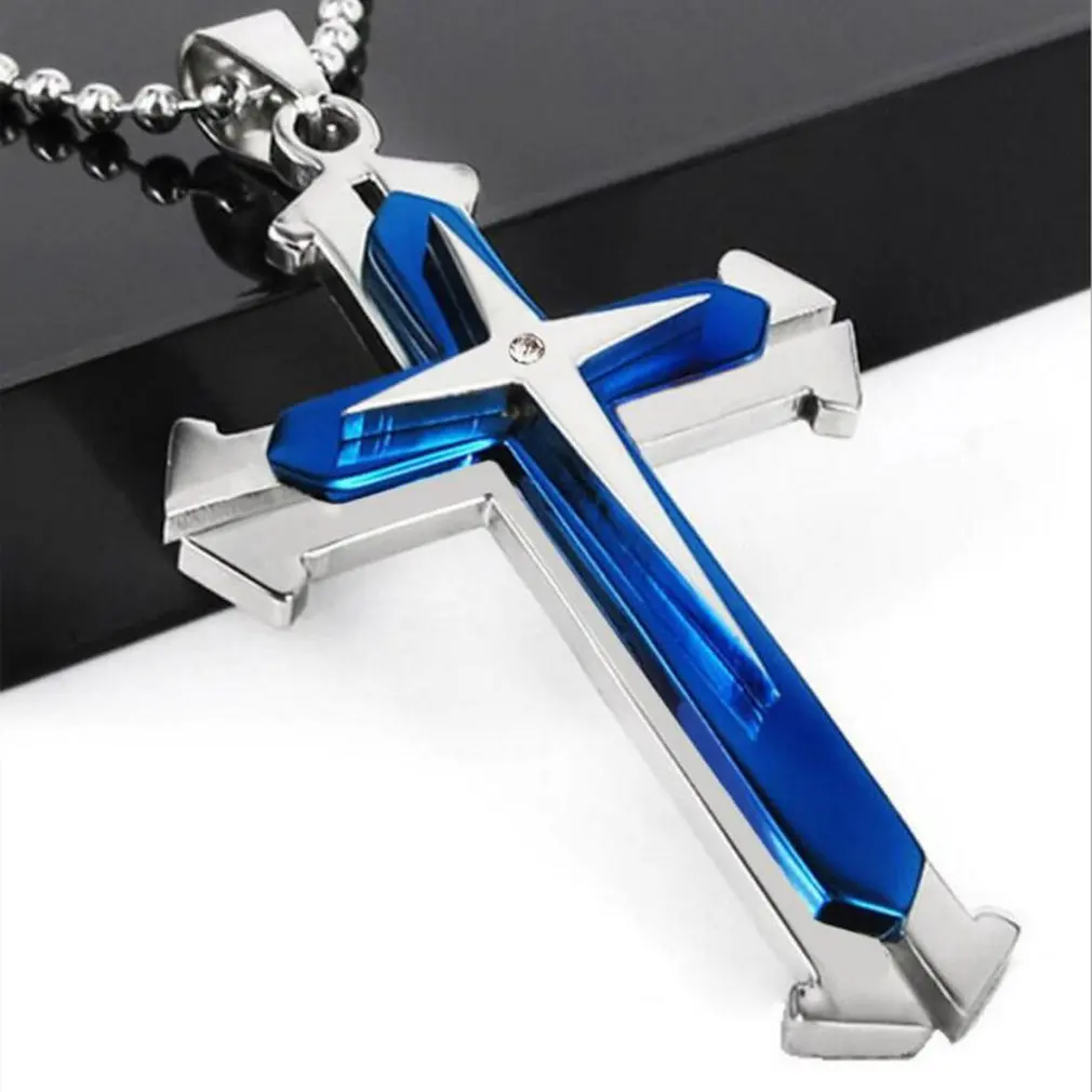 

Unisex Men Stainless Steel Cross Blue Wave Pendant Necklace Three Layer Punk Accessories Male Women Drop Shipping