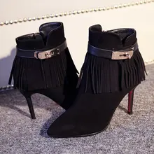 Women’s Sexy Red Bottom High Heel Pointed Toe Ankle Boots Metal Buckle Fringe Short Booties Genuine Suede Leather Winter Shoes