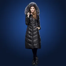 Зимний пуховик s для женщин, длинный дизайн, Воротник из меха серебристой лисы, 90% белый утиный пух, пальто с капюшоном размера плюс M-3XL, WD1606
