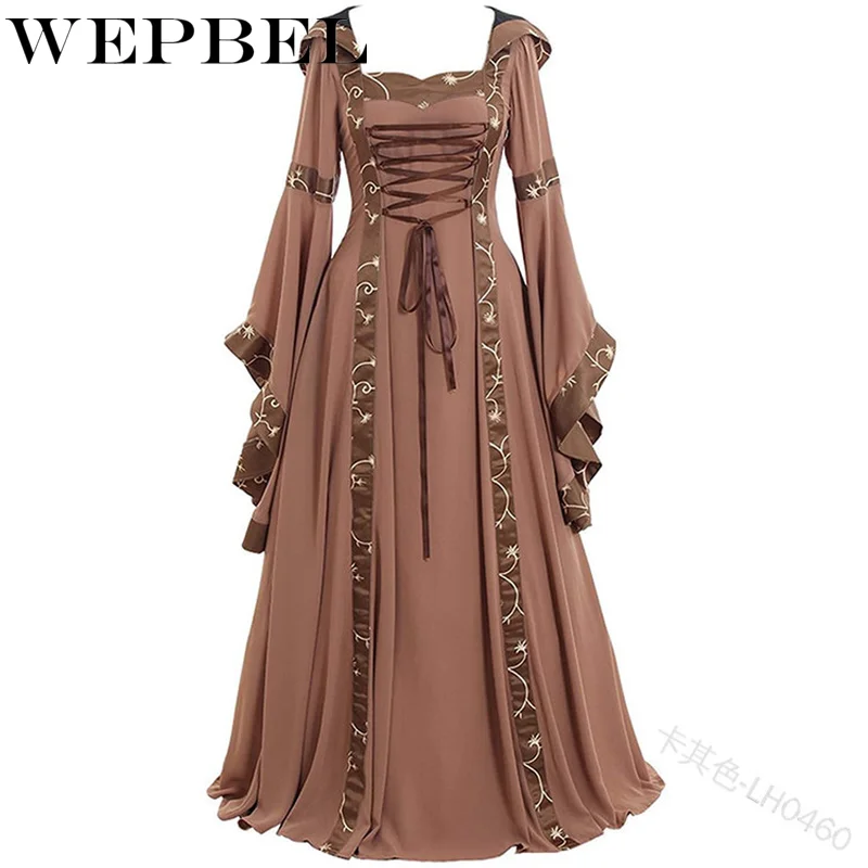 WEPBEL S-5XL ثوب تأثيري زي فستان بكم طويل القرون الوسطى خمر الرتوش فستان فضفاض الطابق طول النهضة القوطية اللباس