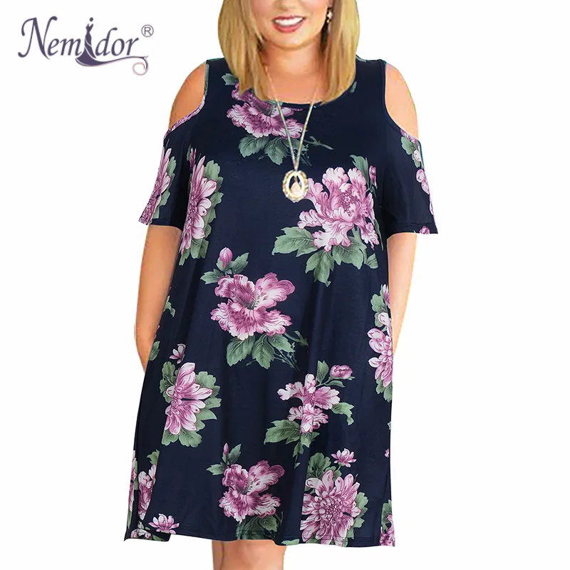 Nemidor Women's Cold Shoulder Plus Size Casual T-Shirt Swing Dress with Pockets (24)