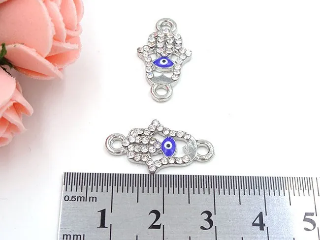 22.5*12mm azul conector mal de ojo HAMSA mano encanto Colgantes rhinestone Conectores accesorios pendientes 20 unids/lote b0026