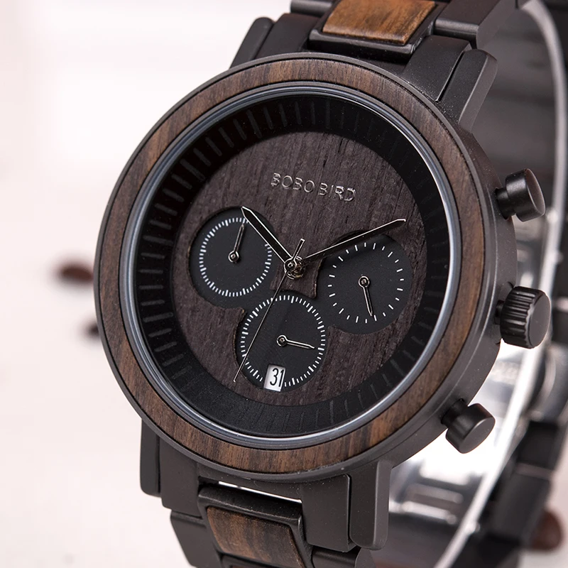 BOBO BIRD luxury Stainless Steel Wood Watches Men Chronograph Date Display Quartz Wristwatches Relogio Masculino C-R01-3