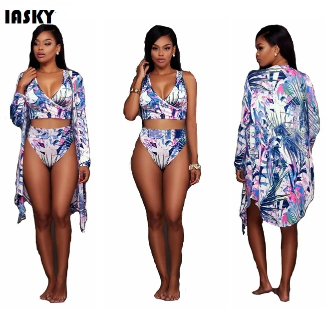 IASKY Beach Cover Ups+Bikini set sexy women print Floral Pareos Tunic