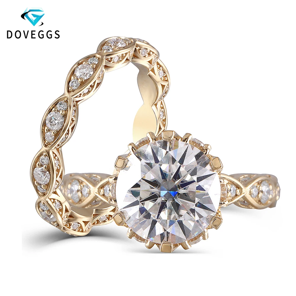 DovEggs 14 K 585 Желтое золото 3ct Центр 9 мм F цвет 2,2 мм ширина ремешка обручальное кольцо набор с акцентами для женщин