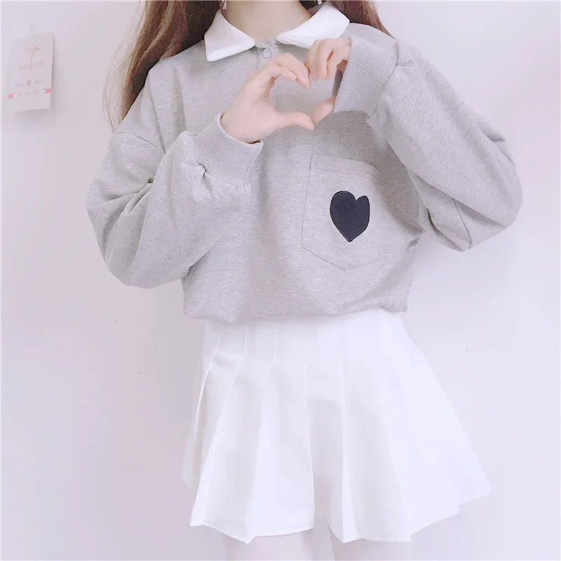 2018 Autumn Women top New Japanese loose pullover cute heart embroidery pocket stitching polp collar kawaii pink sweatshirt