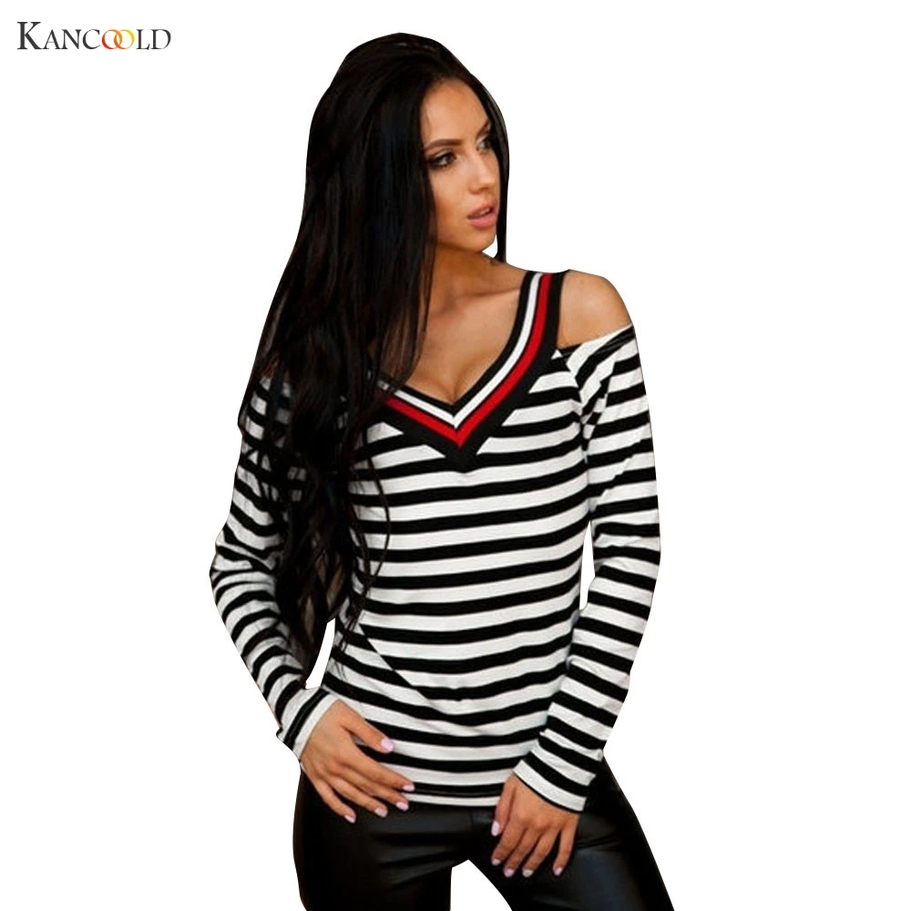 2017 Women V Neck Striped Printed Off Shoulder Hooded