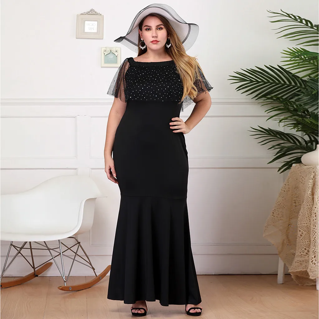 

feitong Plus Size Women Summer Party Dress Slim Fit Fashion Mesh Patchwork Slash Neck Sleeveless High Wasit Dress Vestidos Mujer