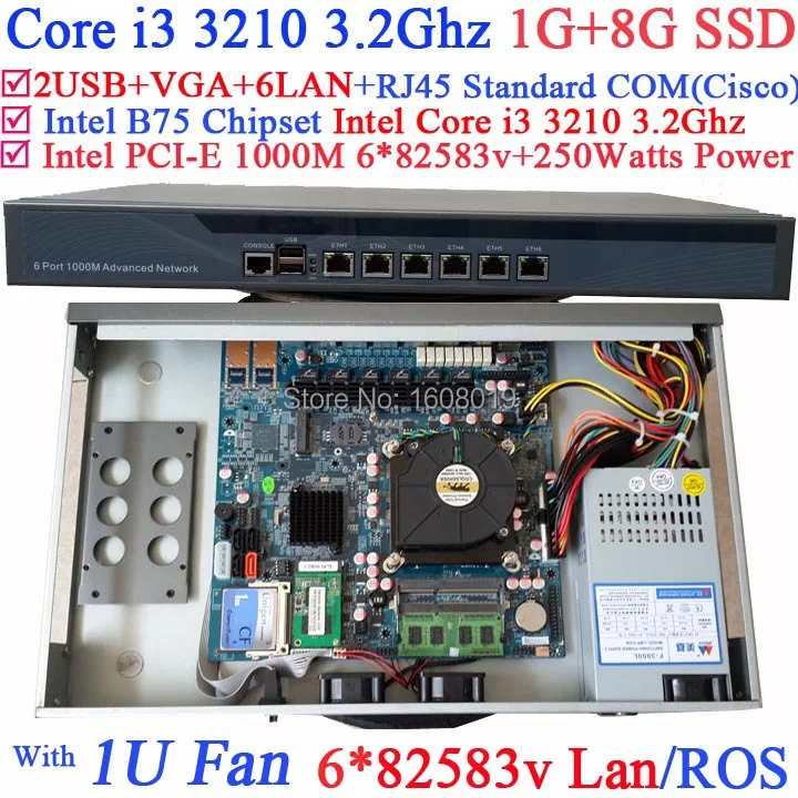 

self-service POS 1U firewall router with 6 Gigabit 82583v LAN Intel Core i3 3210 3.2Ghz Wayos PFSense ROS support 1G RAM 8G SSD