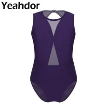 Детские балетные трико балерины для девочек, круглый вырез, без рукавов, сетчатый вырез на спине, балетный танцевальный Купальник для девочек, вечерние гимнастические костюмы