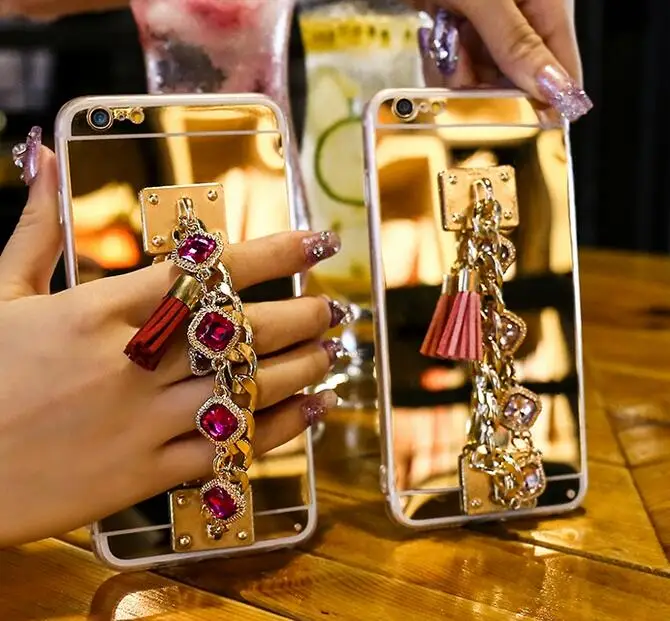 

Girl Bracelet Rhinestone Mirror Case For LG G4 G5 G6 G7 V10 V20 V30