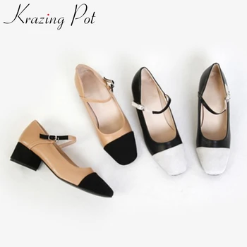 

Krazing Pot classic full grain leather mixed colors buckle strap preppy British style vintage square toe dating party pumps L07