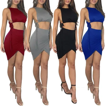 

Solid Sleeveless Crop Top With Skirts Women Dress Set Simple Elegant Design Women Set