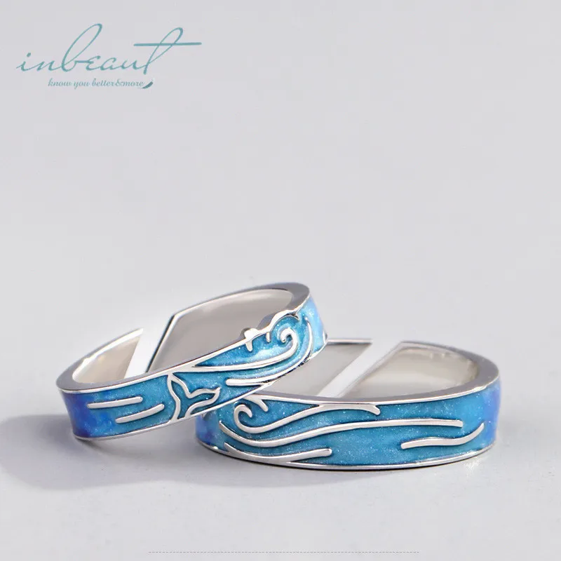

inbeatut 925 Silver Blue Deep Sea Mermaid Couple Rings Handmade Fariy Love Story Fishtail Engagement Ring for Women Jewelry Gift