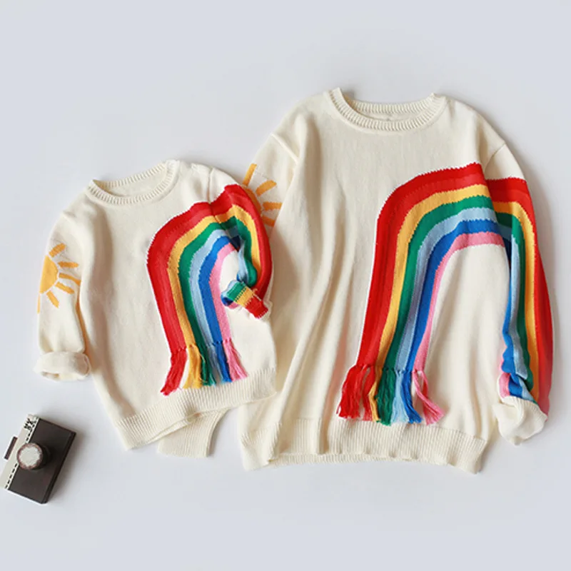 Family Matching Clothing Spring Winter Mother Daughter Son Clothes Rainbow Sweater Costume Sun Cloud Pattern Wool Knitting