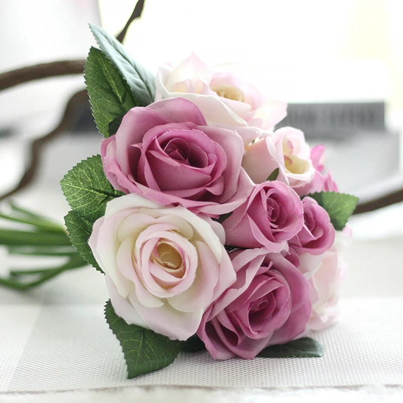 Красочные розы 6 шт голова+ 3 шт бутон Свадебный букет невесты шелковый декоративный цветок декор розы P20
