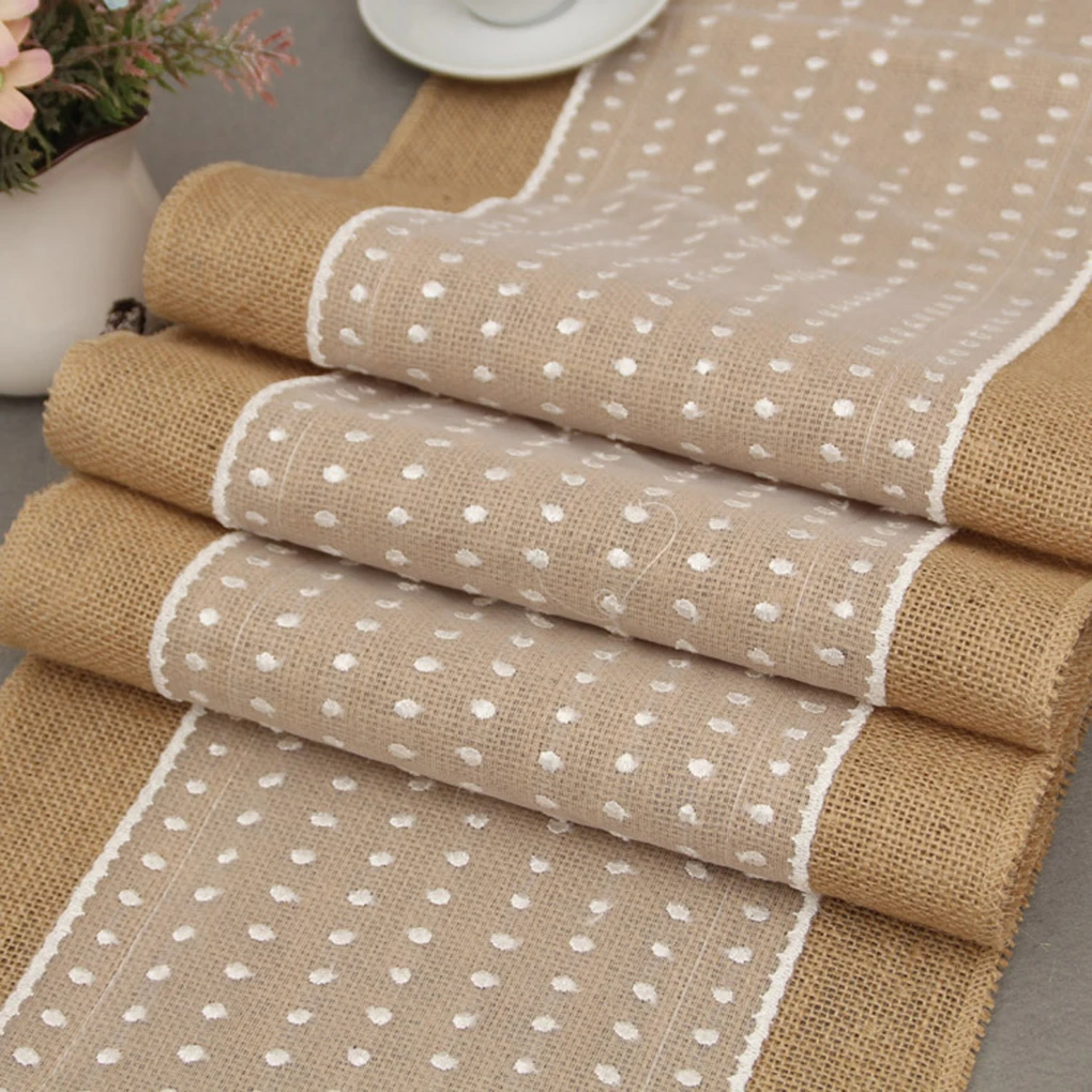 

European Style White dot Lace Linen Table Cloth Burlap Lace Hessian Table Runner