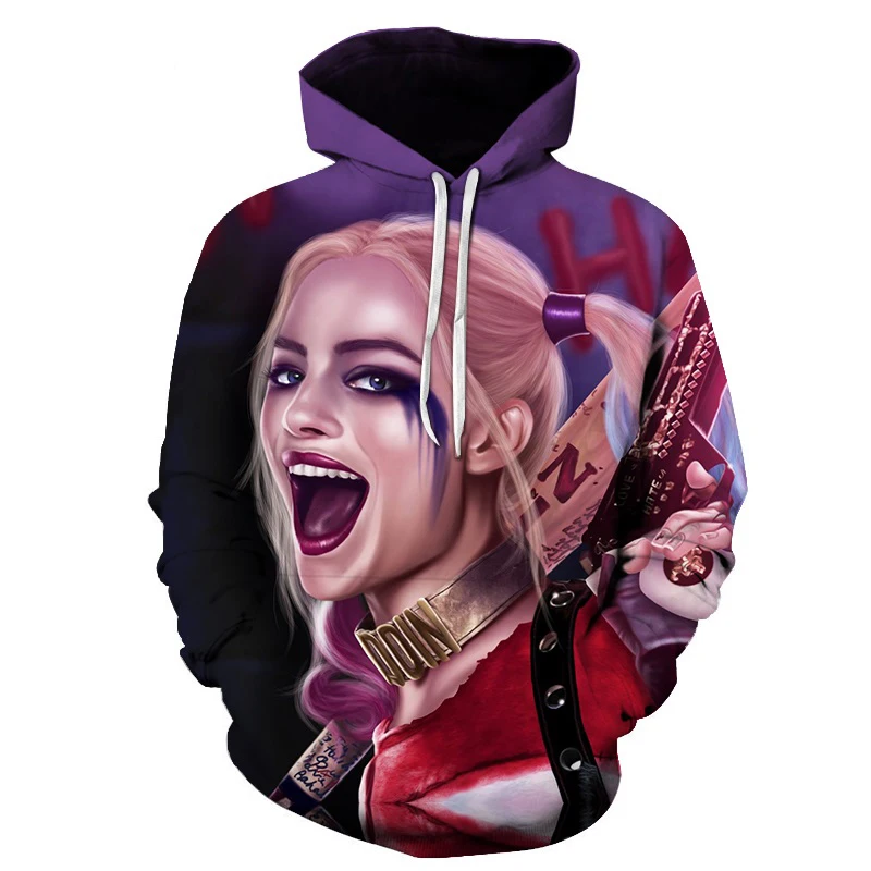 

2018 Harajuku Harley Quinn Thin Cap Sweatshirts 3D Print Men/women All Full Hooded Hoodies Casual Fashion Pocket Hoody Tops Coat