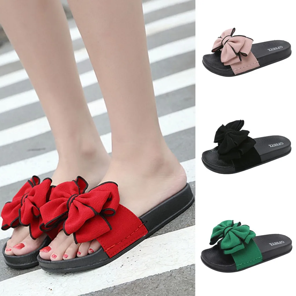 

Women Sandals Summer Butterfly-knot Fashion Casual Home Shoes Canvas Beach Style EVA Slip on Slides black red pink green