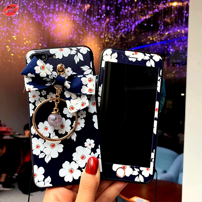 PINK LIPS Brand For iPhone XS Max XR 3D flower Case +Tempered Glass Screen film Cartoon Floral case for iPhone 6 6S 6 7 7plus 10 (14)