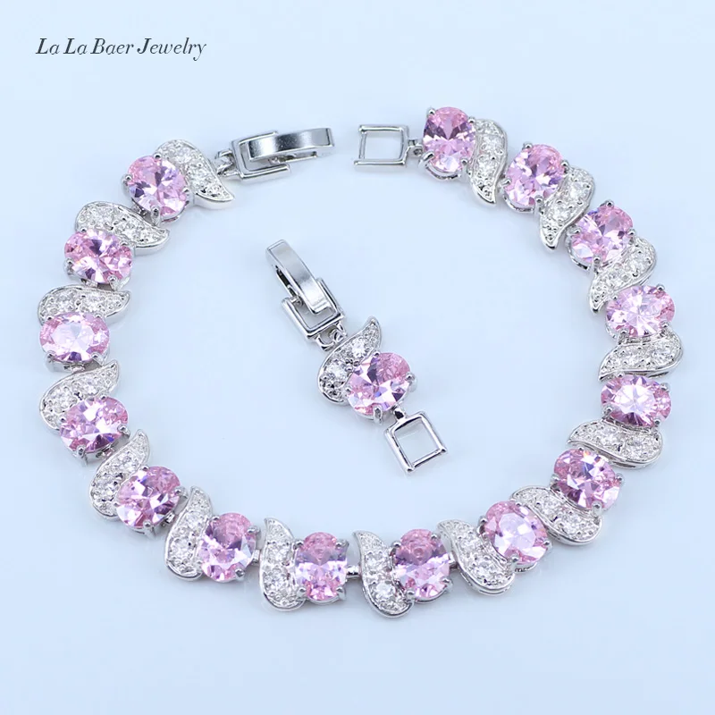 L& B Один комплект роскошных свадебных украшений с розовыми кристаллами 925 серебряного цвета для женщин браслет/Подвеска/ожерелье/серьги/кольцо