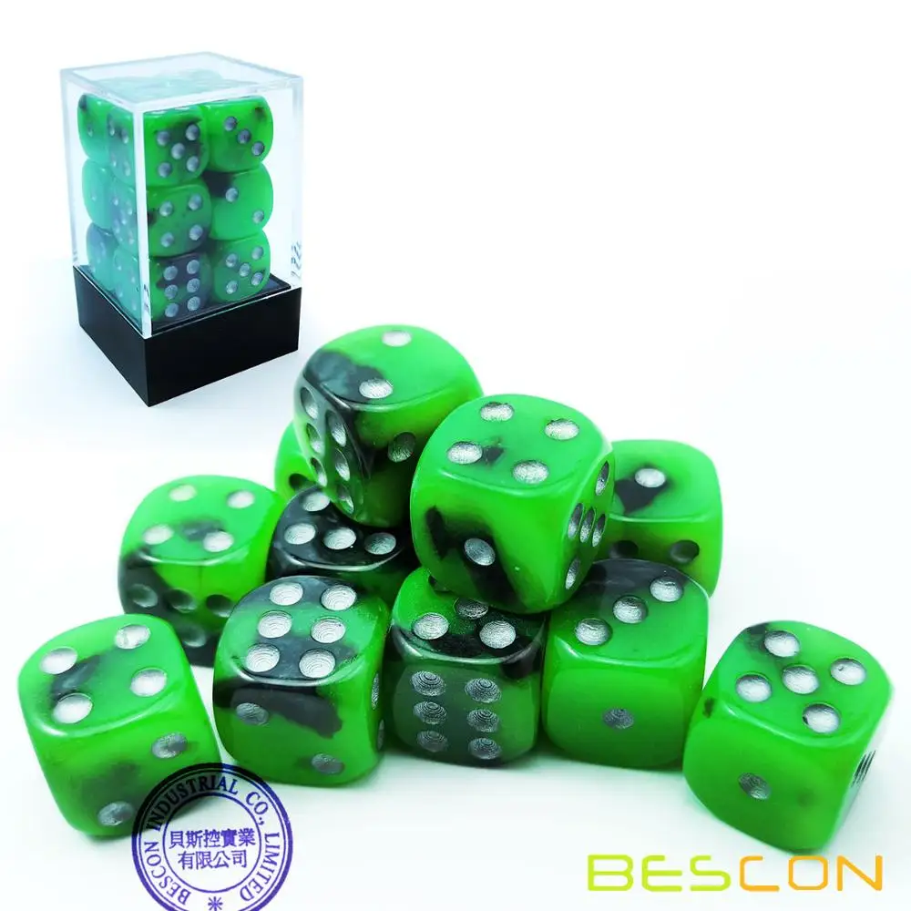 Bescon двухцветные Светящиеся Кости D6 16 мм 12 шт набор SPOOKY ROCKS, 16 мм шестигранники Die(12) блок Светящиеся Кости