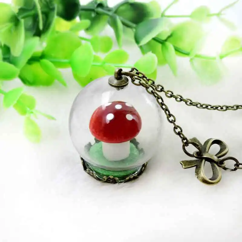 

Red Mushroom Necklace Bow Long Chain Crystal Ball Pendant Girl Glass Necklace Jewelry