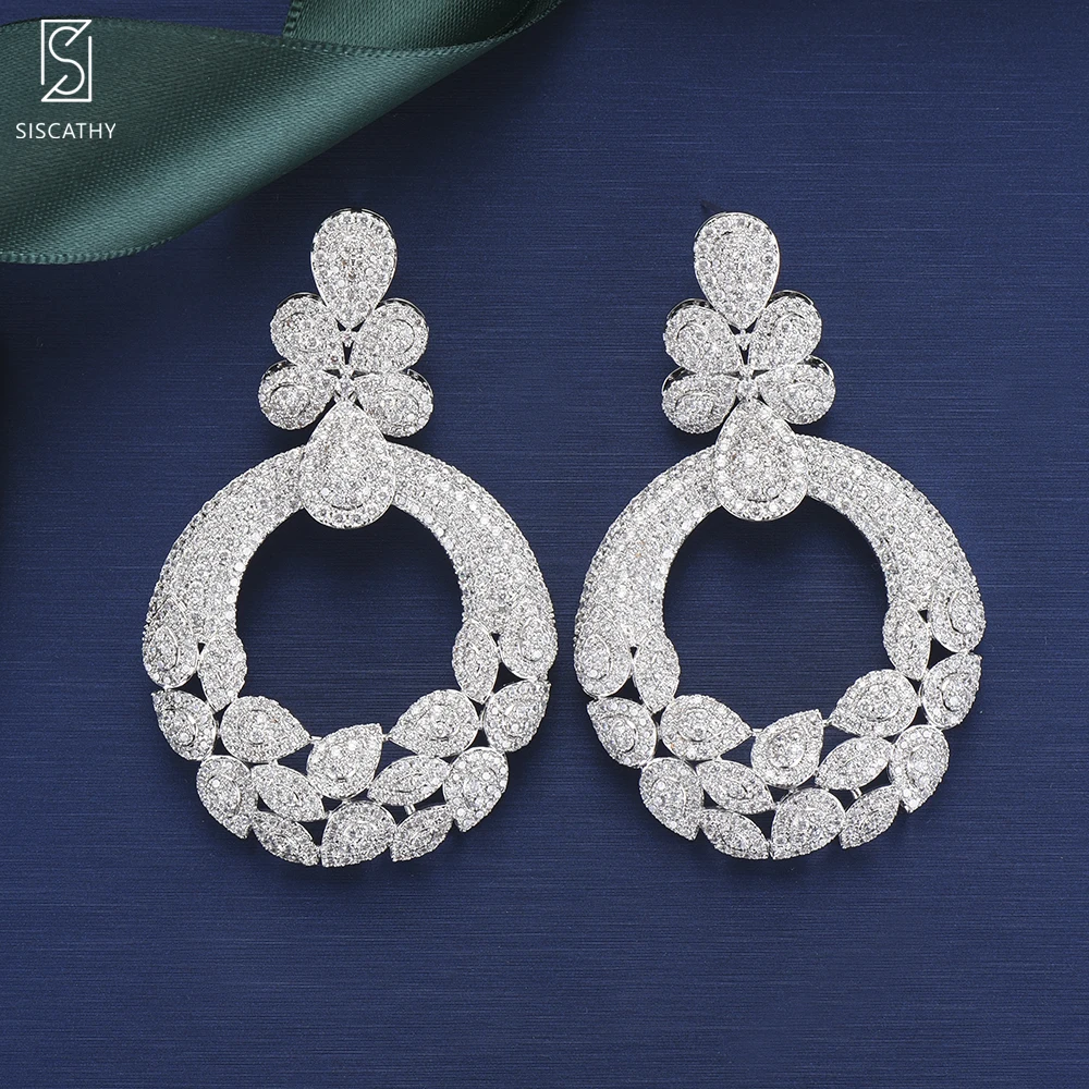 

Siscathy Luxury Women Earrings Fashion Jewelry Cubic Zirconia Inlaid Flower Leaf Nigerian Long Dangle Drop Bridal Earrings 2019