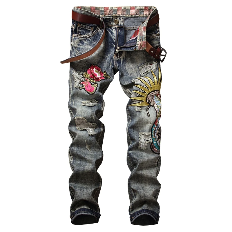 Hole Jeans Pants Men Heavy Embroidery Jeans Thick Denim Jeans Men ...