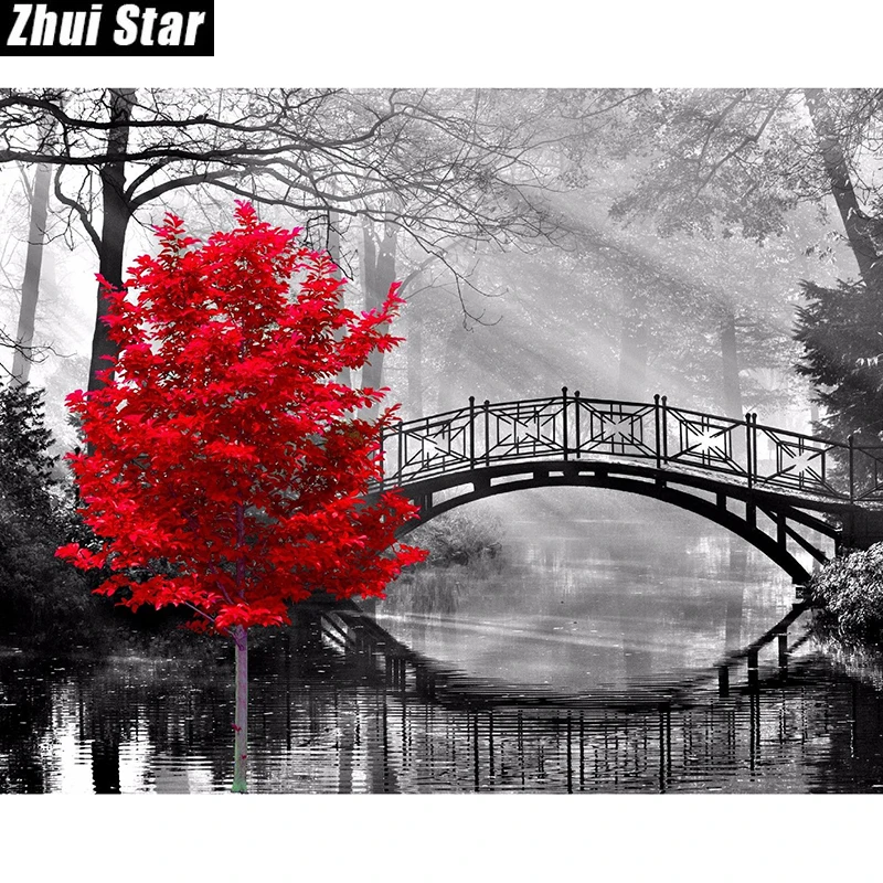 Zhui Star 5D DIY алмазная живопись "красное дерево и мост" вышивка полная квадратная Алмазная вышивка крестом, мозаичный Декор подарок