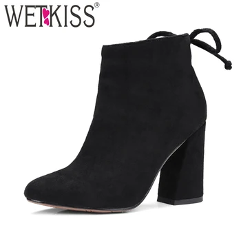 

WETKISS High Heels Autumn Ankle Boots Women Pointed Toe Cross Tied Boots Zipper Fashion Flock Shoes Ladies Short Plush Footwear