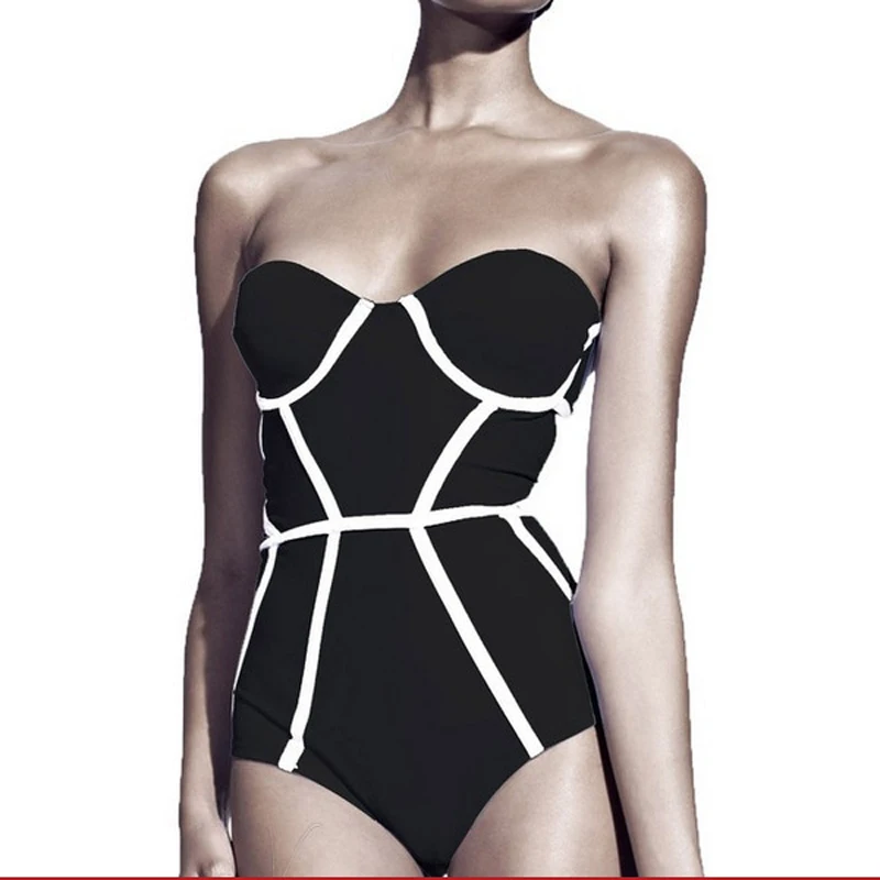 

Black Sexy Strapless One Piece Biniki Swimsuit Women Beach Wear Push Up Swimsuit Summer Patchwork Bodysuit Swimwear 2019 Fashion