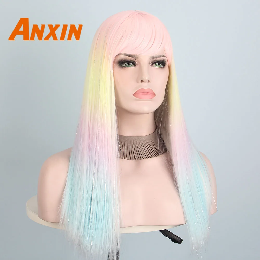 Anxin парик с длинными прямыми волосами красочные с челкой для женщин Косплей Аниме стиль парик