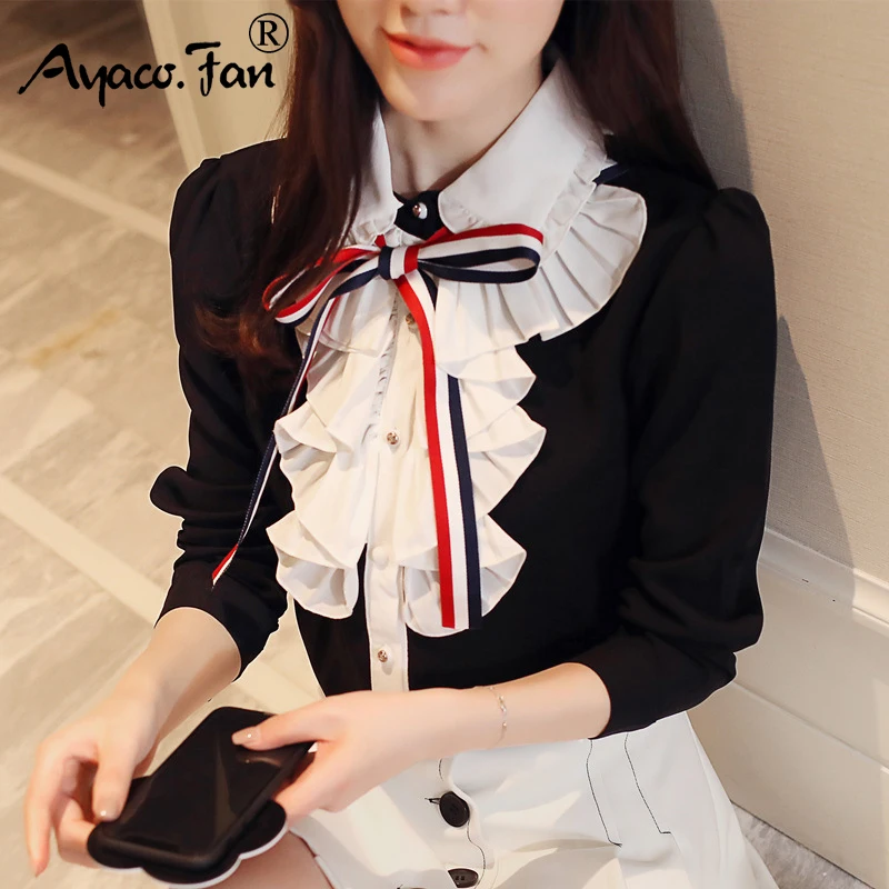 

2019 Front Bow Tie Blouses Long Sleeve Shirts Turn Down Collar Shirt Preppy Cute Feminine Irregular Blouses Black and White Tops