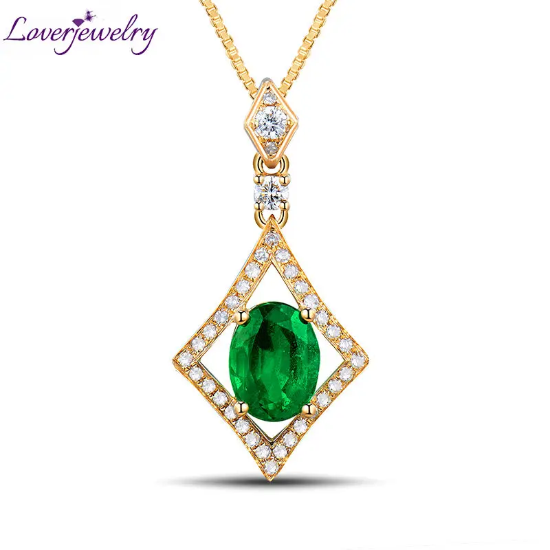 

LOVERJEWELRY Lady Pendant Oval 6x8mm Solid 14K Yellow Gold Natural Gorgeous Emerald Diamond Wedding Pendant For Women Gift