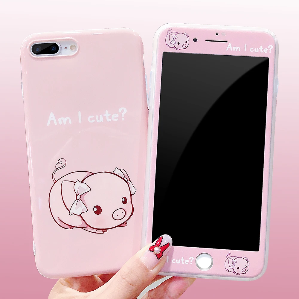 Ascromy For iPhone XS Max Case Cute Pink Pig Tempered Glass 360 Protection Silicone Cover For iPhone XR X S 8 Plus 7 6 6S Coque Accessories (3)