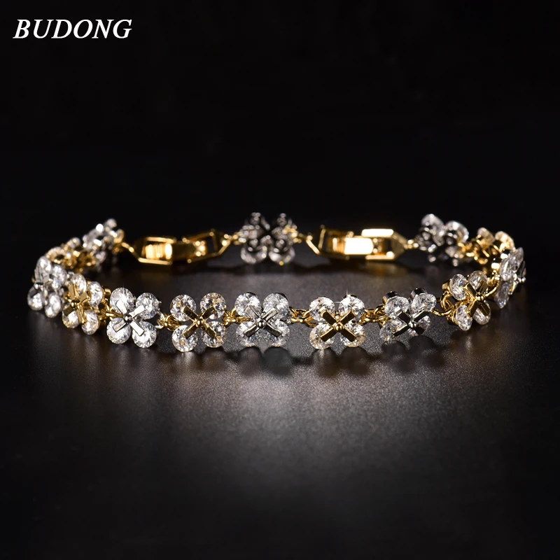 

BUDONG Infinity Bracelet for Women Brand New Fashion Design Crystal Zircon Hand Silver/Gold Color Flower Bangle Jewelry XUL134
