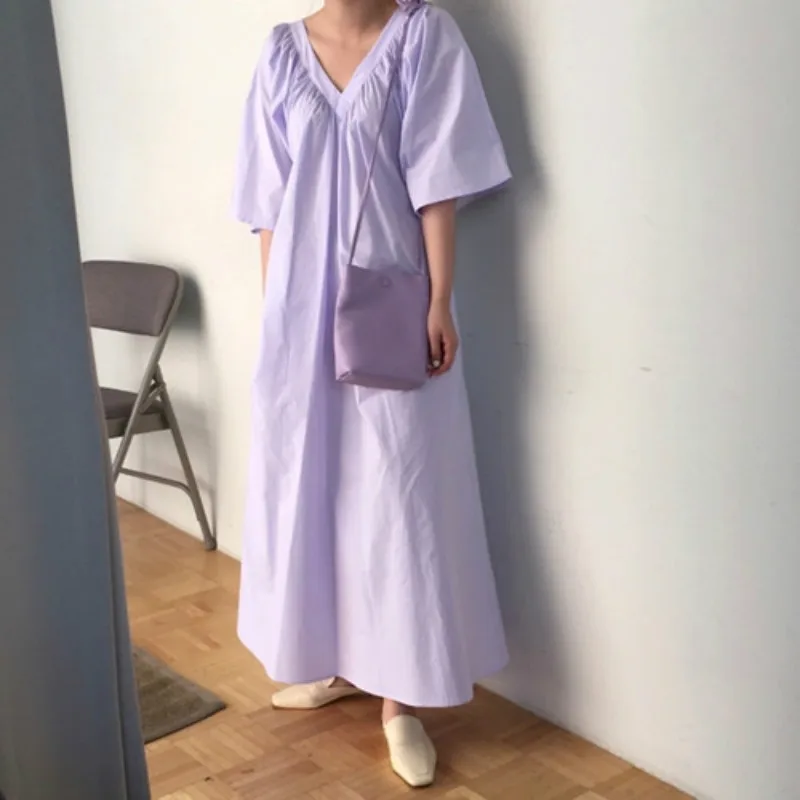 

Korean Women Summer Elegant Purple Long Ruffle V Neck Dress Female Straight Plus Size Maxi Vestidos Sukienki Elbise Jurken