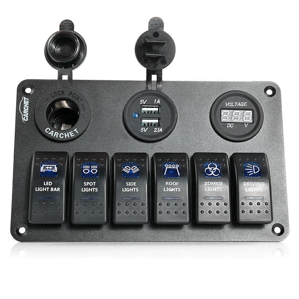 

Waterproof 6 Gang Marine Boat LED Rocker Switch Control Panel Breaker Voltmeter 2 USB Car-charger Cigarette Lighter Accessories