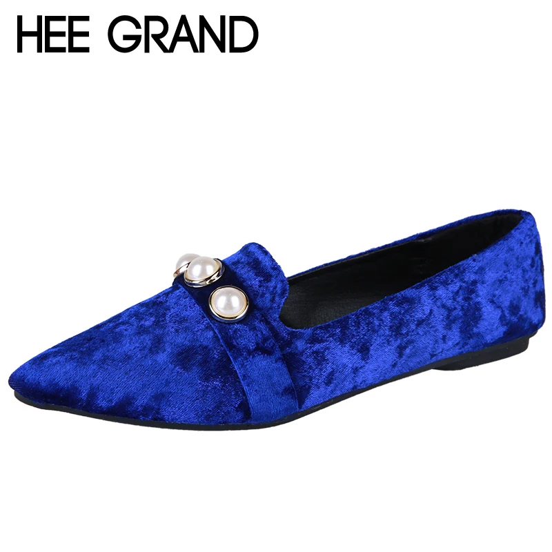 

HEE GRAND Flock Faux Pearl Loafers Shoes Woman 2018 Slip On Pionted Toe Creepers Women Shoes Flats 3 Colors Size 35-40 XWD6738