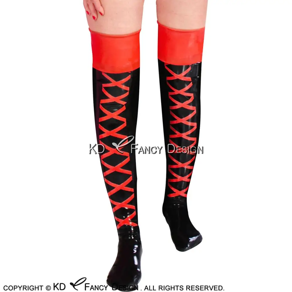 

Black And Red Cross Sexy Long Latex Stockings Rubber Thigh High Stockings WZ-0011