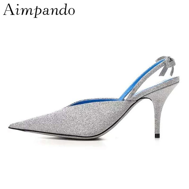

Silver Glitter Pointed Toe Summer Sandals Women Back Strap Kitten Heel V-cut Out Bling Sequined New Spring Gladiator Sandalias