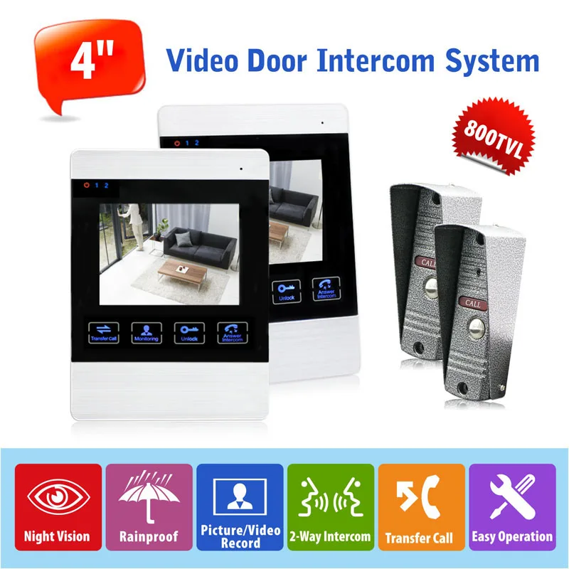 2v2 4'' TFT LCD Wired Video Door Phone System Visual