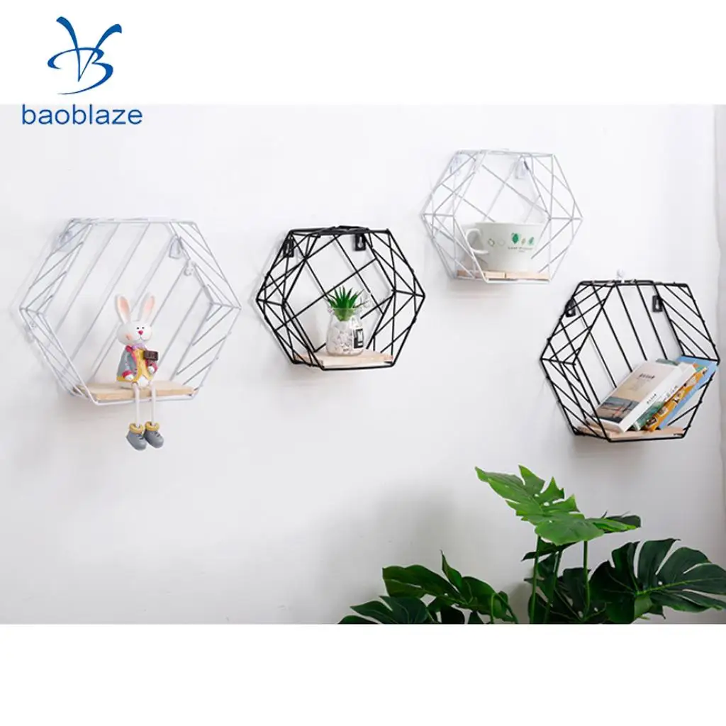 Baoblaze Hexagon Iron Wooden Wall Shelf Shadow Box Display Rack Shelf Storage Unit for Home Bedroom Balcony Passway