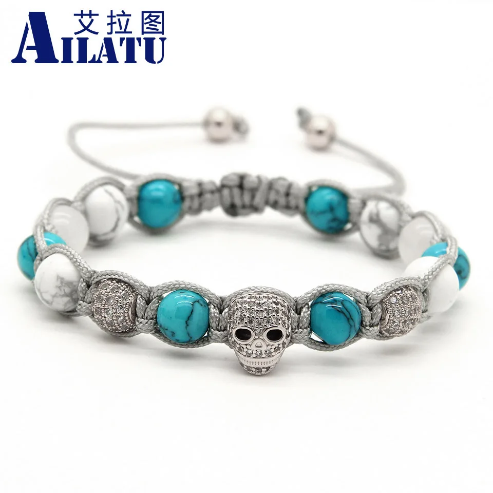 Ailatu 8 мм белый Howlite камень прозрачный CZ Сердце Череп Плетеный Европейский